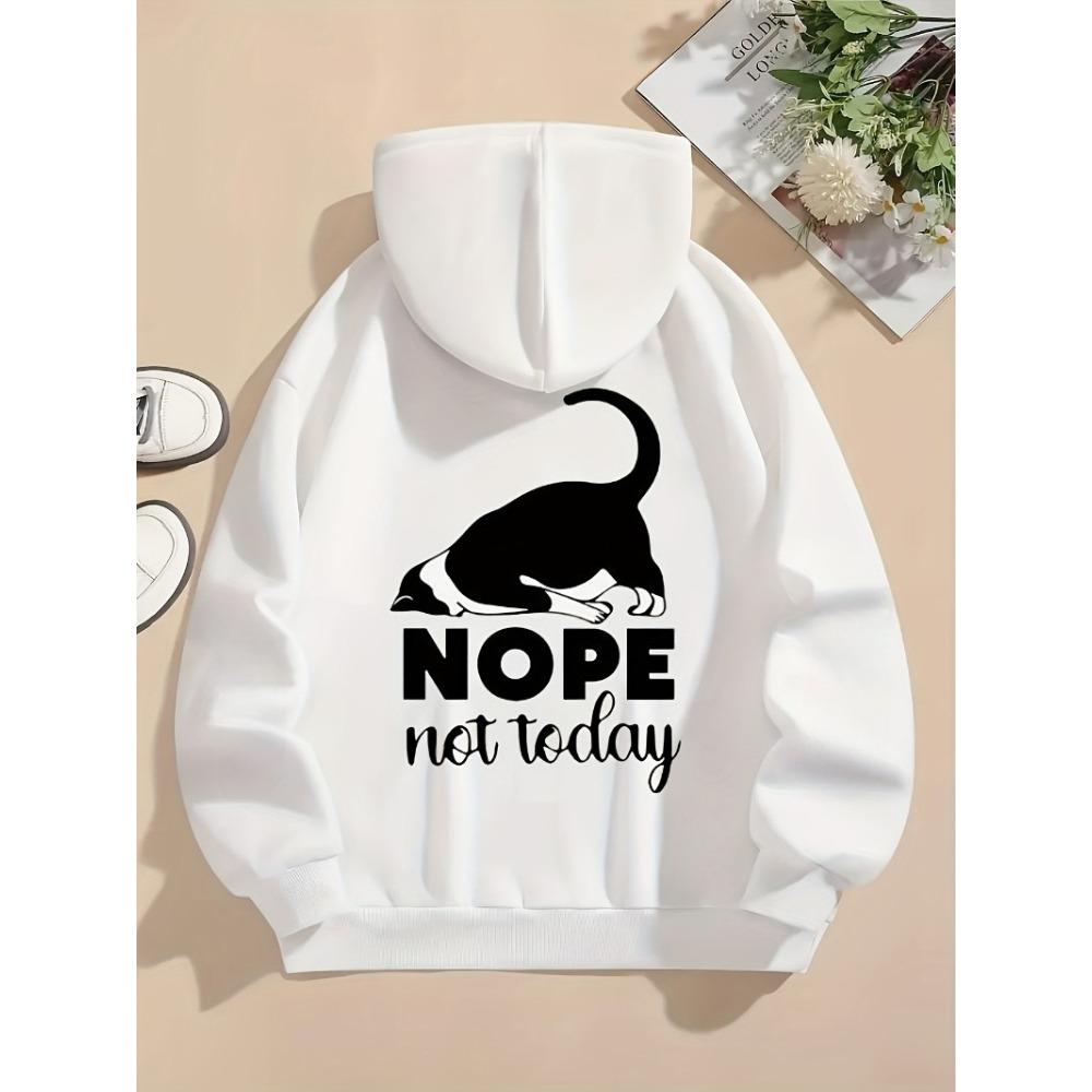 No Not Today Printed Hoodie Cat Pullover Loose Pocket Top Warm Wool Sweatshirt Winter Casual