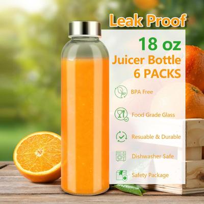 6Pcs Glass Juice Bottles Set 500ml Refillable Clear Glass Water Bottles with Airtight Caps Leak Proof Reusable Juicer Bottles