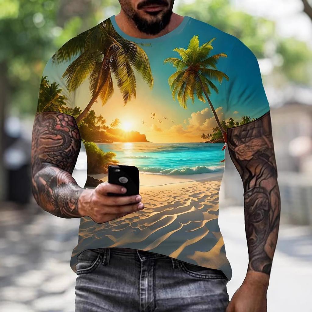 Summer Round Neck 3D Hawaiian Coconut Tree Pattern Print Top Fashionable Casual Short Sleeved Men's T-shirts