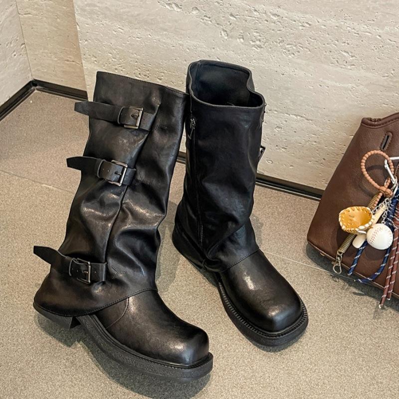

2025 новые высокие ботфорты на толстой подошве, осенние рыцарские сапоги, детские длинные сапоги, толстый каблук, пряжка, средняя голень, сапоги с голенищем 40