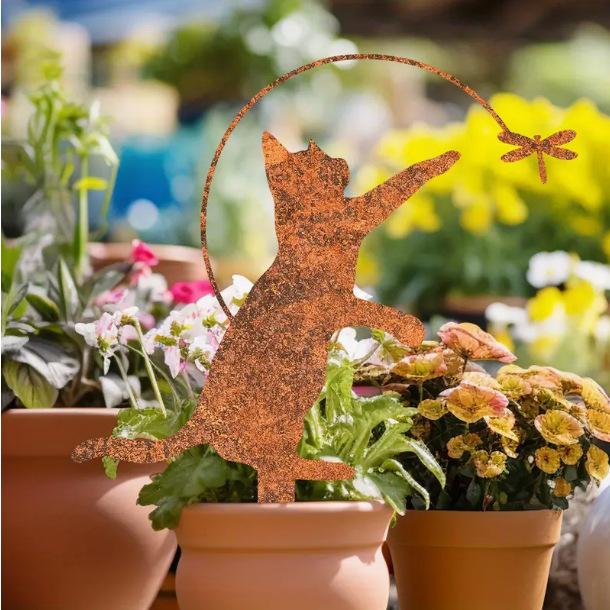 Rustic Metal Cat with Dragonfly Garden Sculpture