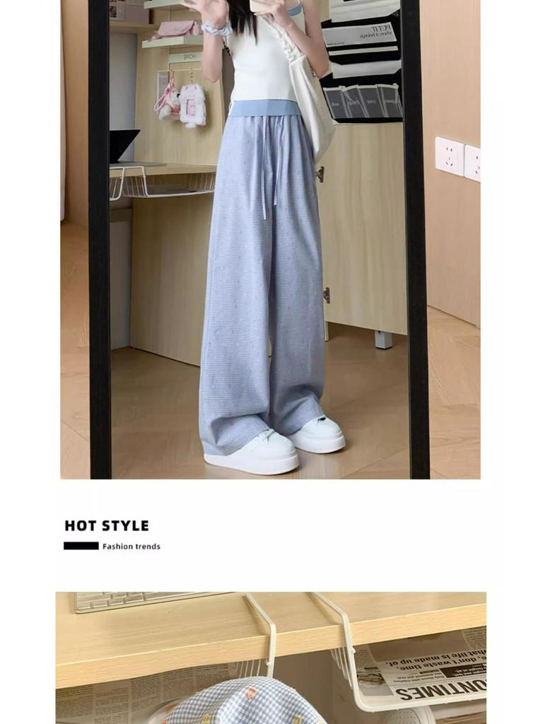 Women's High Waist Blue Polka Dot Straight Leg Pants - Summer Petite Ice Silk, 145-150cm, Wide Leg Design.