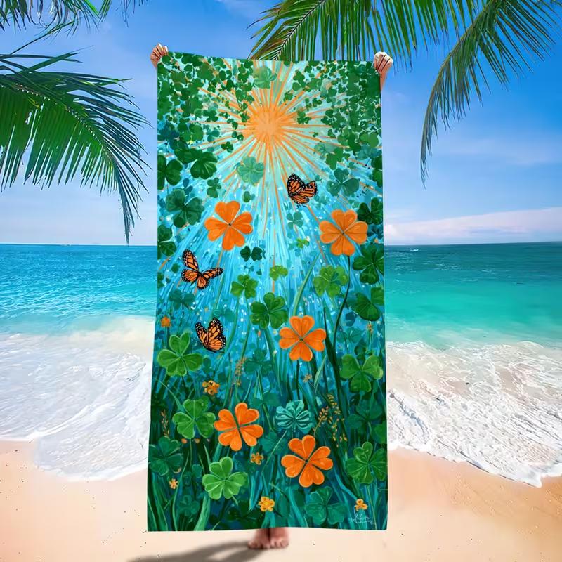 Lavendel Lila Aquarell Grünes Blatt Blumendruck Strandtuch Sandfest Schnelltrocknendes Handtuch für Strand Spa Zuhause Dusche