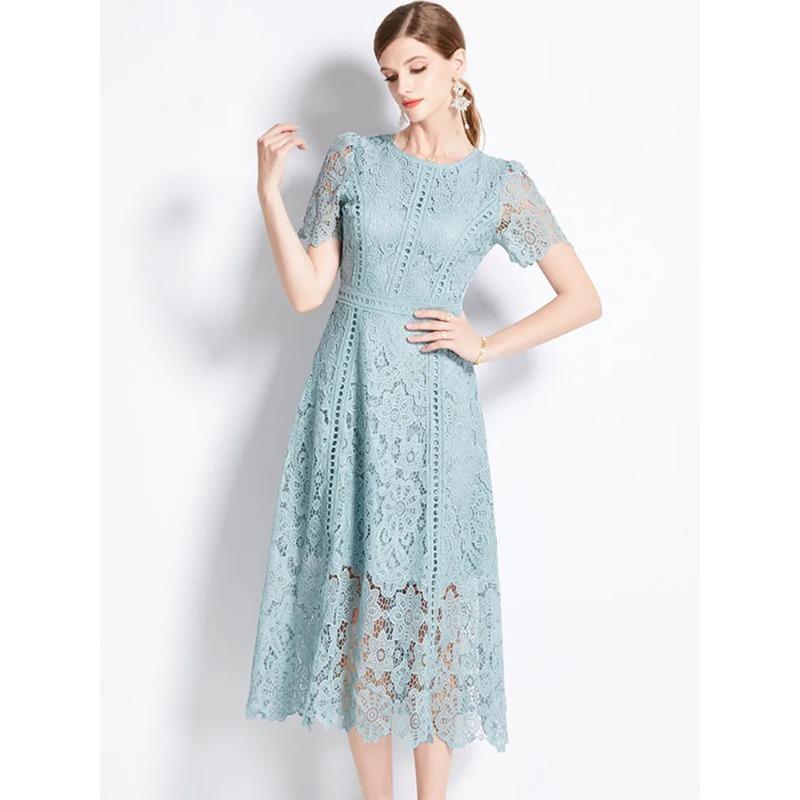 Abito da Donna Estivo Elegante Slim con Scollo a O, Manica Corta, Pizzo Intrecciato, Vintage di Alta Gamma, Abbigliamento