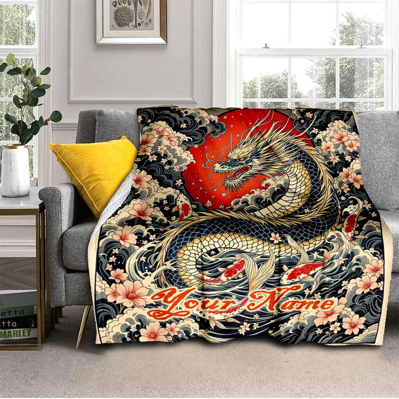 1PC Custom Name Dragon Flowers Tattoo flannel blanket versatile,all-season throw suitable for the living room,bedroom,camping,travel,and gift