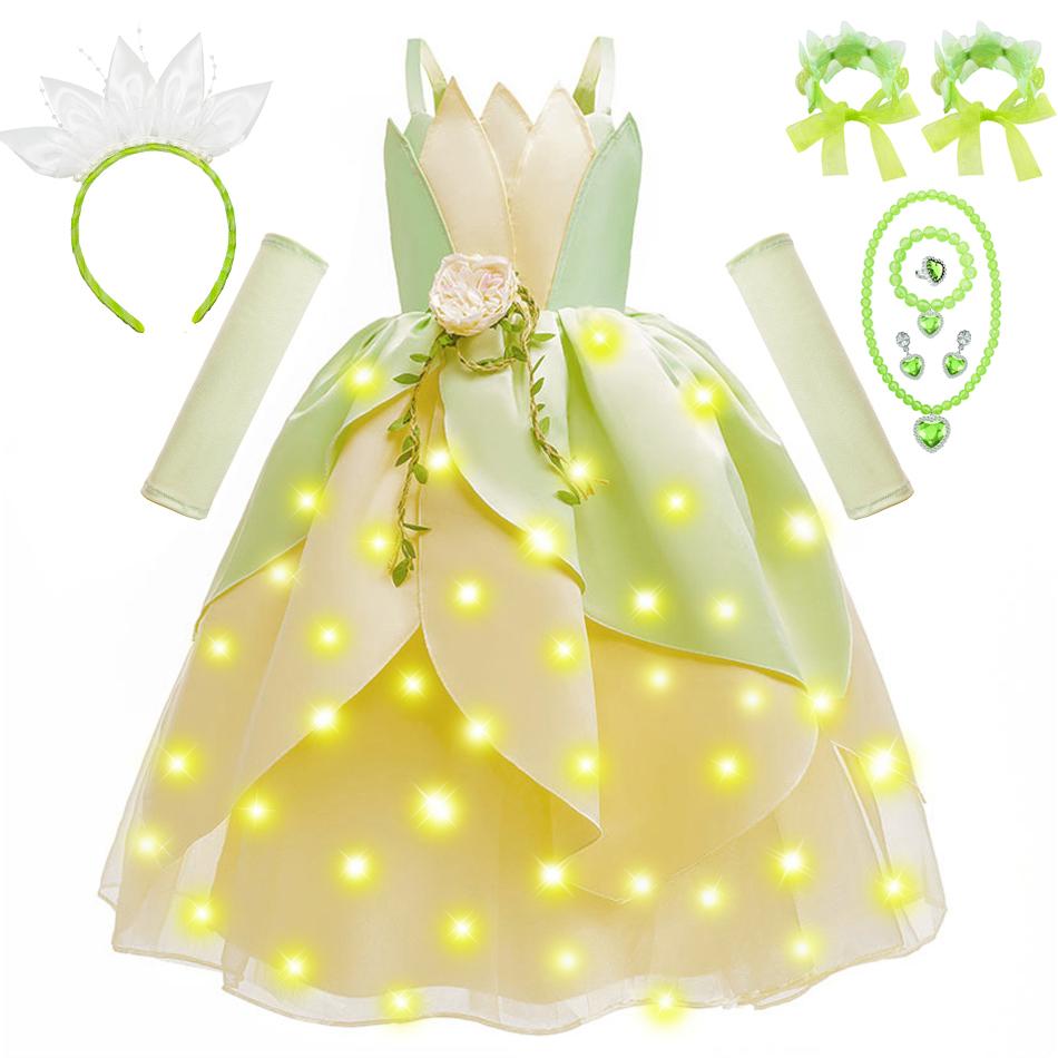 Tiana Cosplay Kostuum voor Meisjes Verkleed Prinses Cosplay De Kikker Jurk Carnaval Verjaardagsfeest Kinder Jurk Avondjurken Kleding 2-3Y (Tag 100) beige