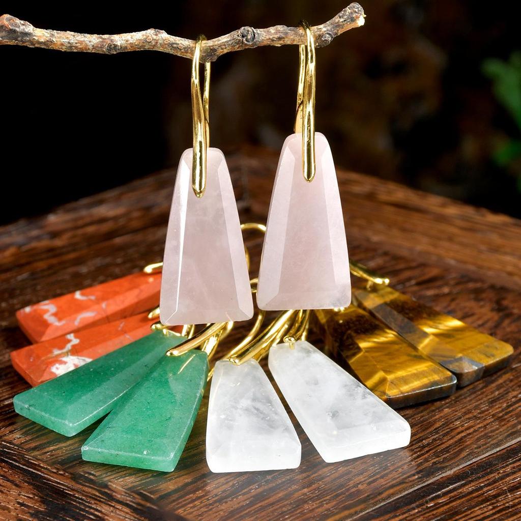 Faceted Trapezoidal Natural Stone Earrings for Women - Luxury Tiger Eye Danglers