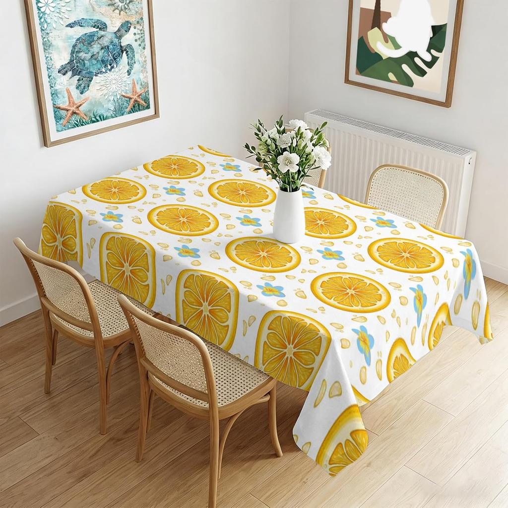 Summer Lemon Fruit Flower Leaf Rectangle Table Cloth for Table Decor Reusable Kitchen Dining Tablecloth Holiday Party Decor