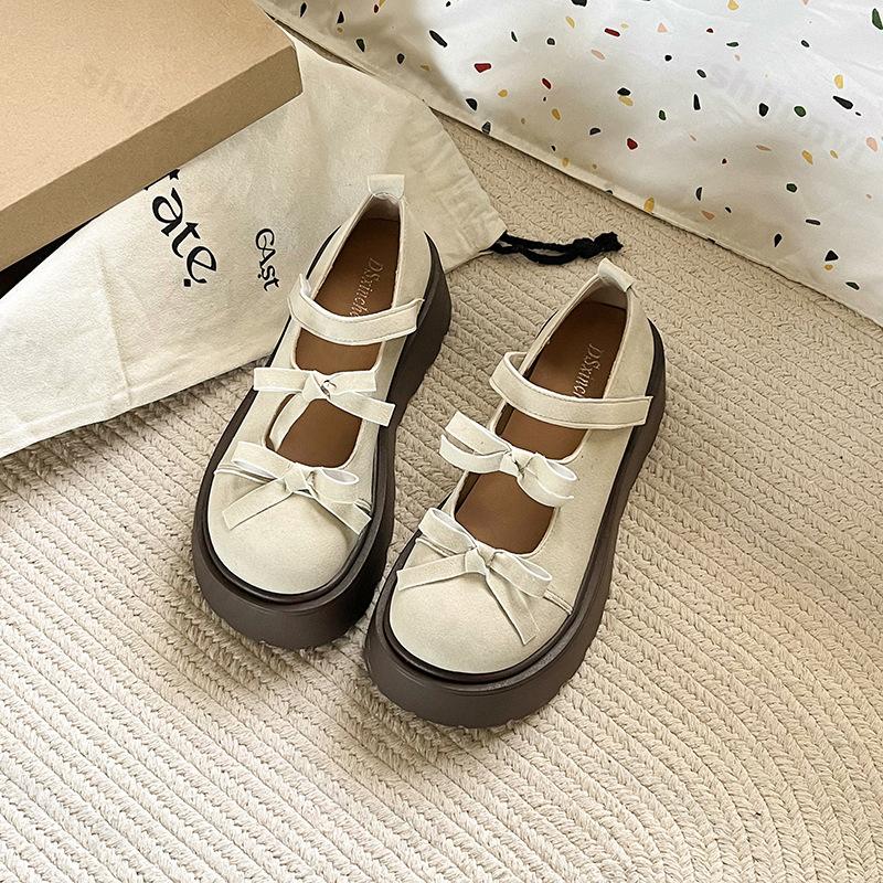 Fashion Women Mary Jane Shoes Autumn Round Toe Vintage Bow Knot Platform Leather Shoes Height Increase Comfortable Fashion Single Shoes