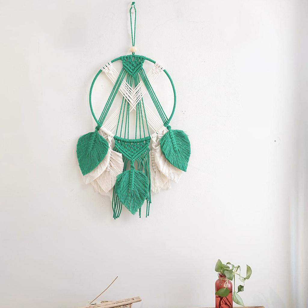 Handwoven Cotton Rope Contrast Color Dreamcatchers with Leaves Tassels Wall Hanging Macrames Tapestrys for Home Decors