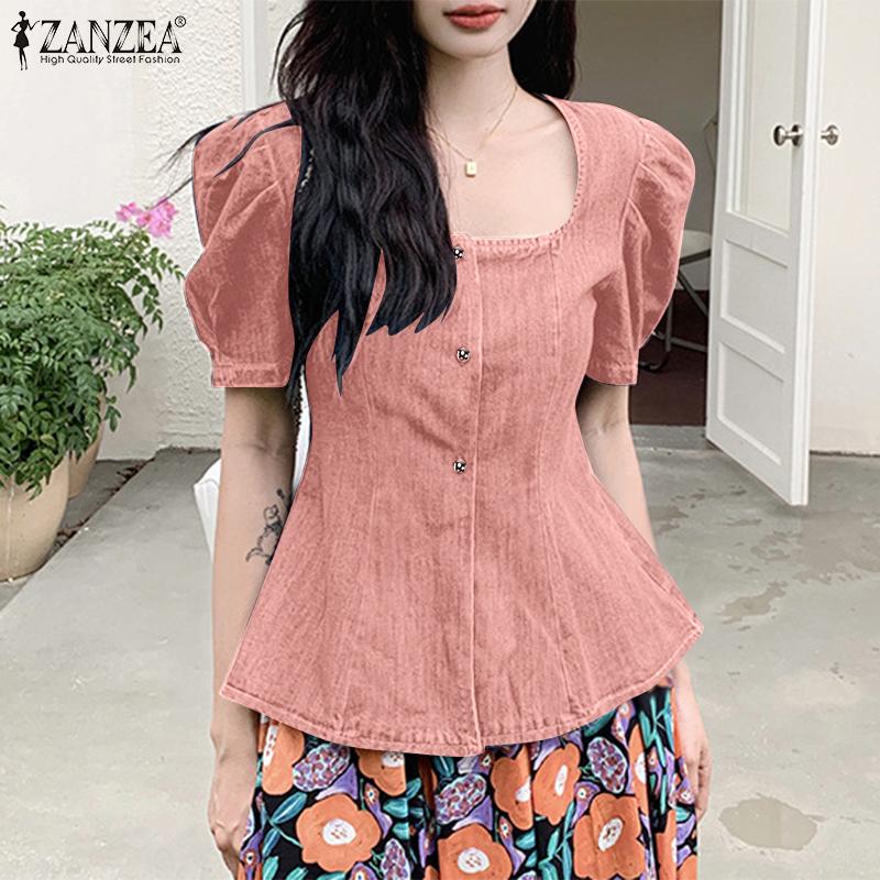 ZANZEA Kvinner Casual Firkantet Hals Sommer Kortermet Elegant Bluse