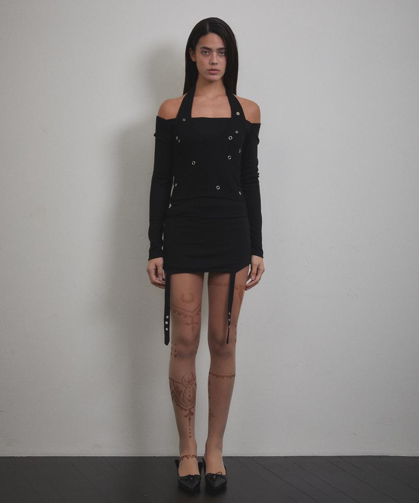 Bunteu Eyelet Halter Long Sleeve (Black)