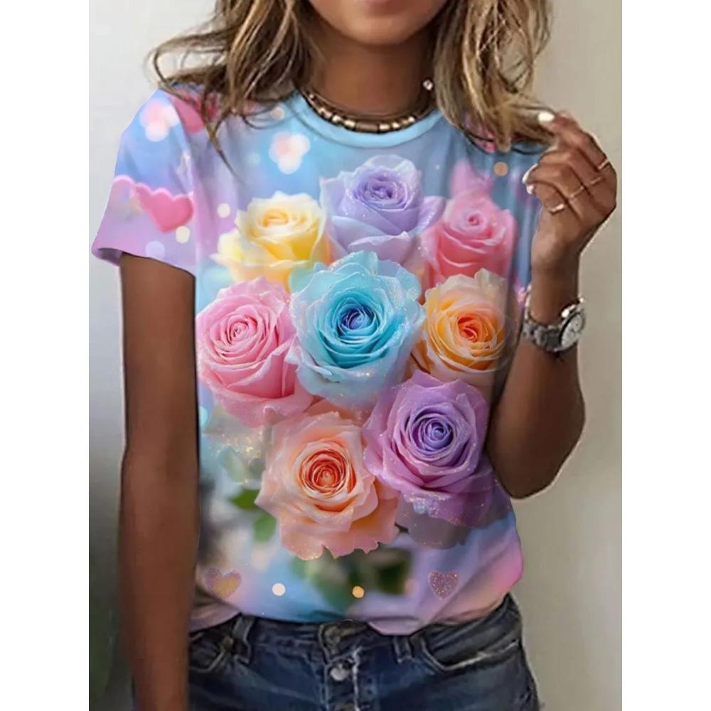 Ladies Summer Colorful Dazzling Flowers Printed Large Loose Casual T-shirt Fashionable Comfortable Soft Breathable Short Sleeved T-shirt