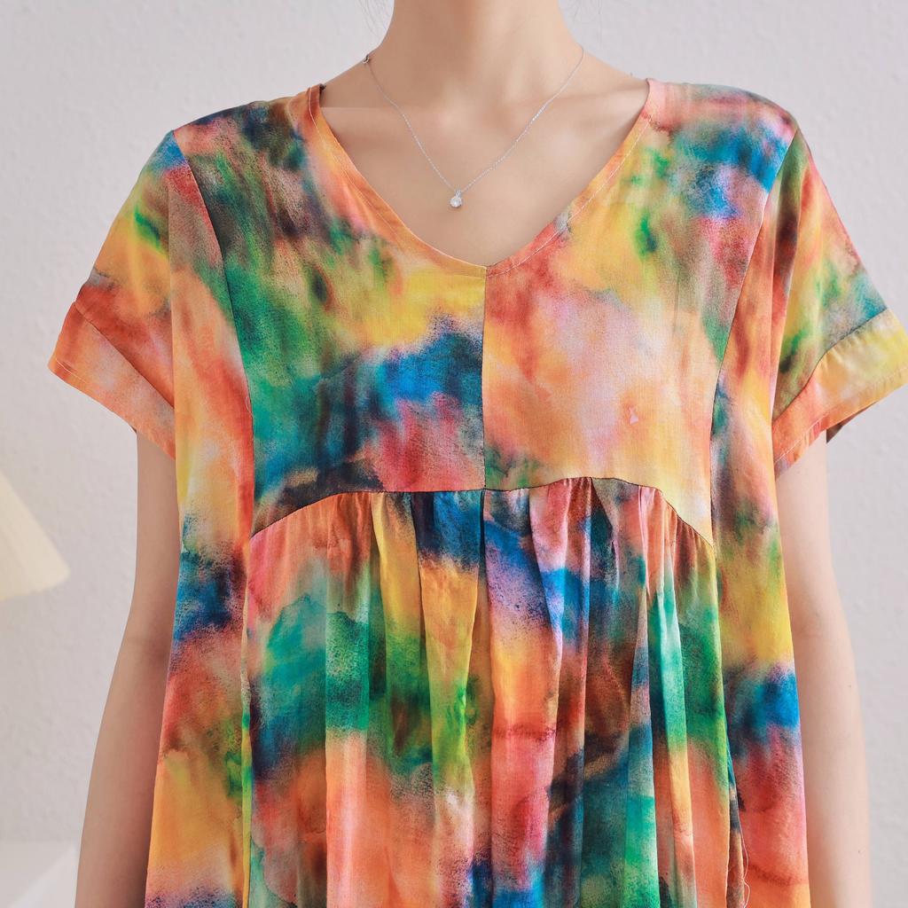 DIMANAF 2025 Women Plus Size Summer Dress V-Neck Casual Floral Dress Basic Vintage Loose Long Dress