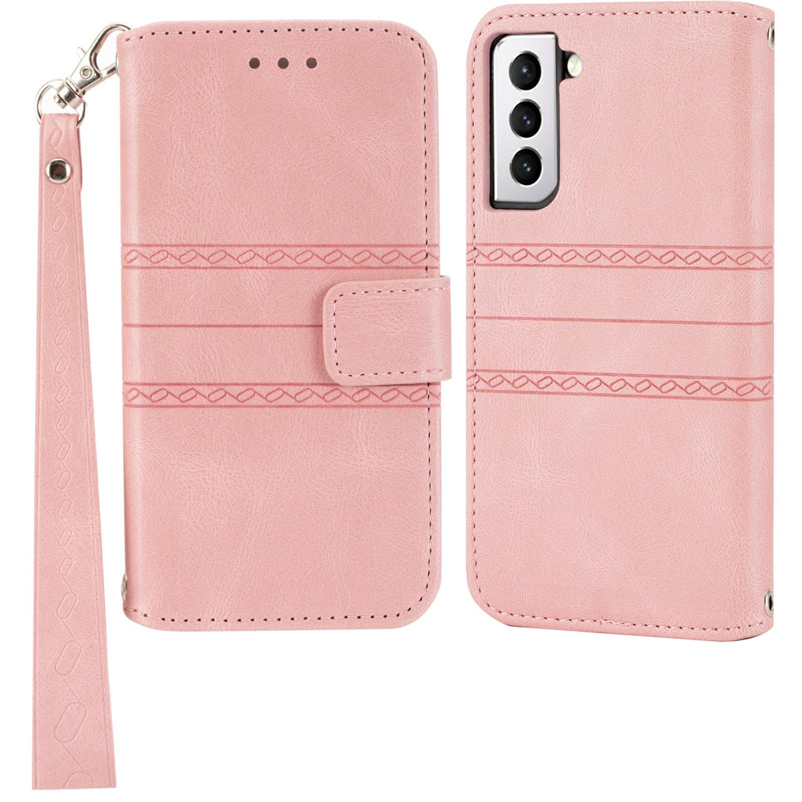 

For Samsung Galaxy S25 Case Wallet Skin-Touch Leather Imprinted Phone Cover Pink