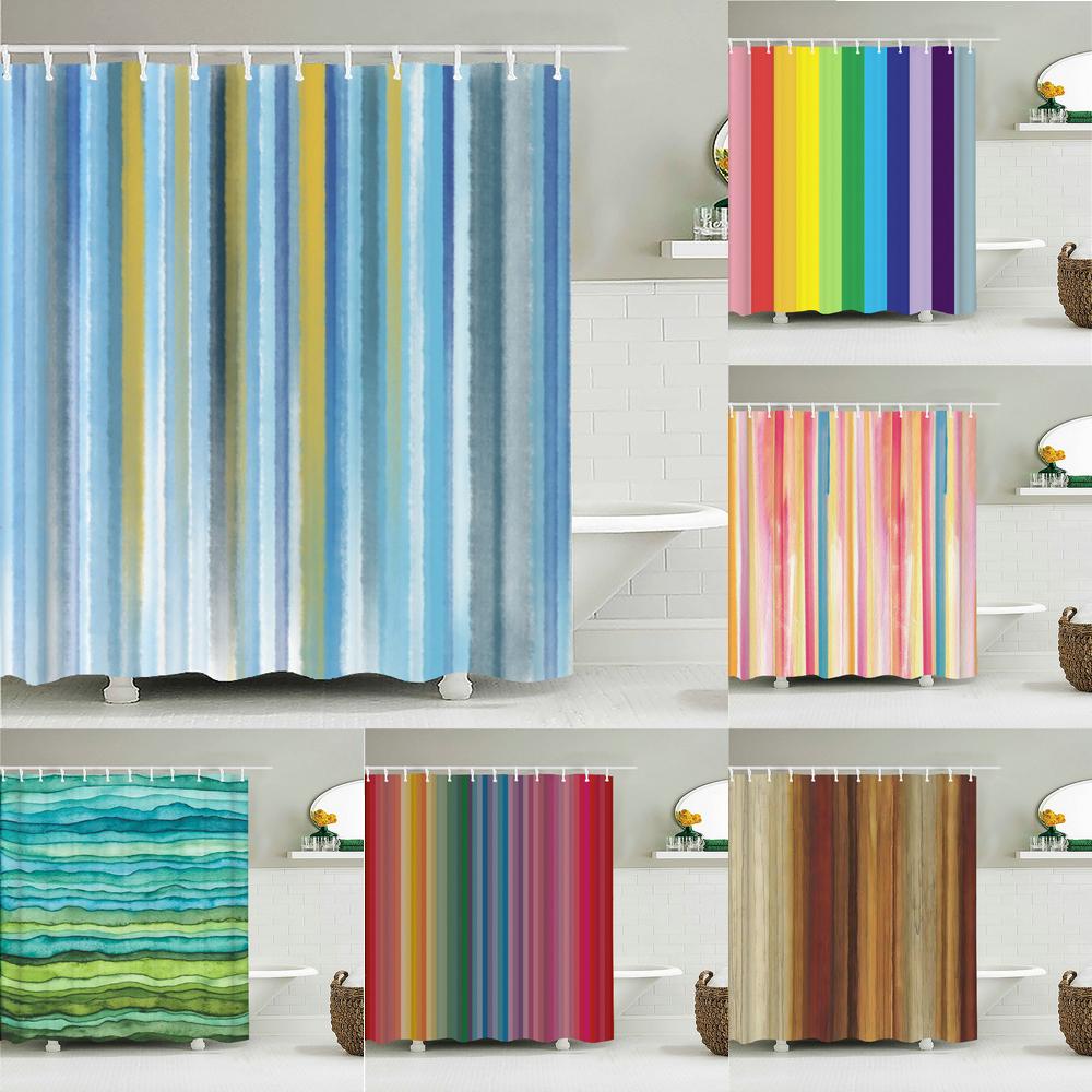 Dunika Chen Colorful Stripes Bath Curtain Waterproof Fabric Shower Curtains Geometric Patterns Bathtub Screen For Bathroom Home Decor