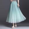 Qooth Spring Summer Gradient Color Skirt Korean Fashion Midi High Waist Pleated A-line Skirt Elegant Long Skirts QT1386