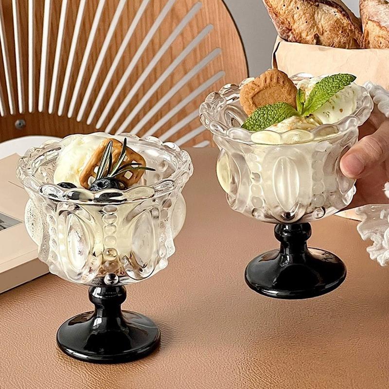1PC Color Blocking Ice Cream Bowl Dessert Cup Palace Style Highball Glass Gift Tableware Vintage Embossed Design Elegant 200ml