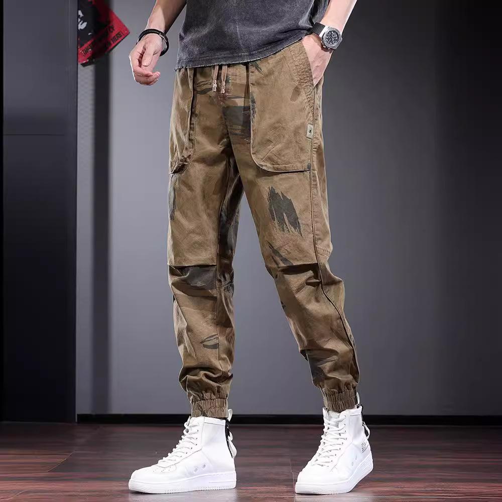 Summer French overalls men's trendy brand loose tied feet elastic pants outdoor British ruffian training tactical camouflage pants