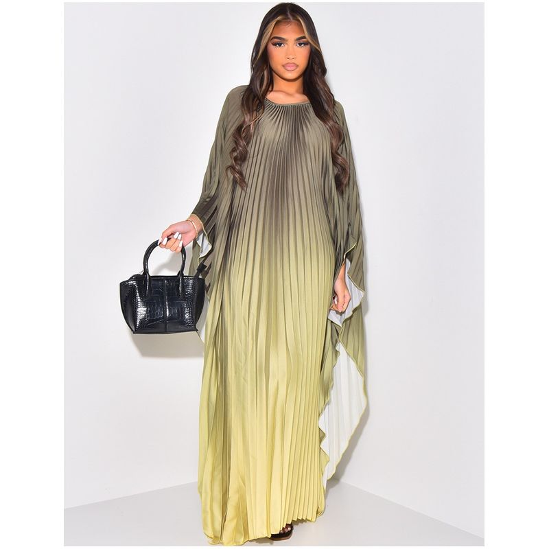 

Amazon European and American Middle East Batwing Sleeve Women Summer Fashion Gradient Pleat Print Long round Neck Dress Dress Yellow All yards