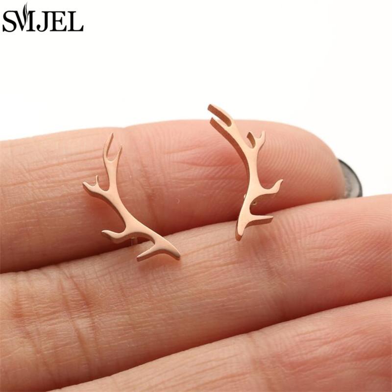 SMJEL Minimalist Silver Color Deer Horn Earrings Women Christmas Jewelry Cute Elk Antler Ear Studs Unique Tree Branch Earings