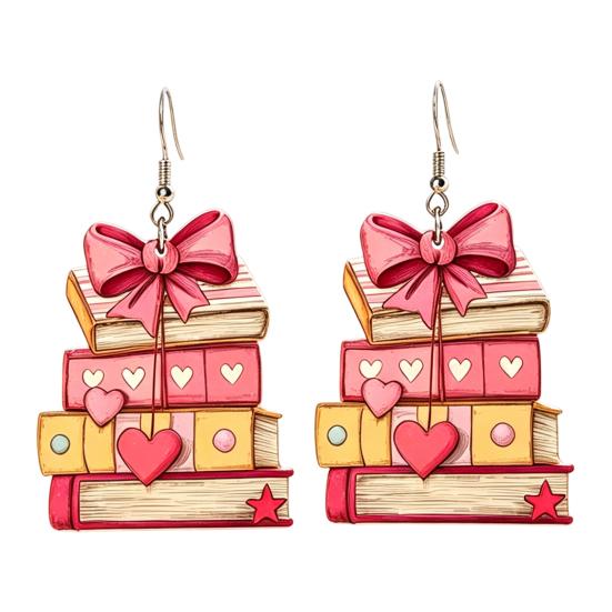 Acrylic Dangle Earrings 1 Pair Book for Women, Vintage Stacking with Pink Worm Gift Ideas Bow And Heart, Funny Jewelry, Back to School Gifts Teachers