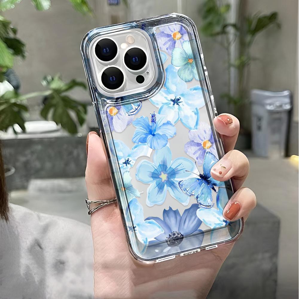 Blue Flowers Phone Case For Iphone 17 16 15 14 Plus 13 12 11 Pro Max Back Cover 16 17 Air Soft Phone Case Cover Shell