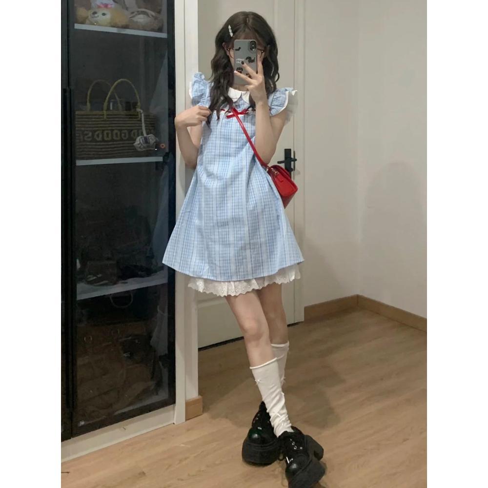 Super Fire College Style Sub-patchwork Dress Women's Summer Dress Casual Small Fly Sleeve Blue Lace A-line Skirt