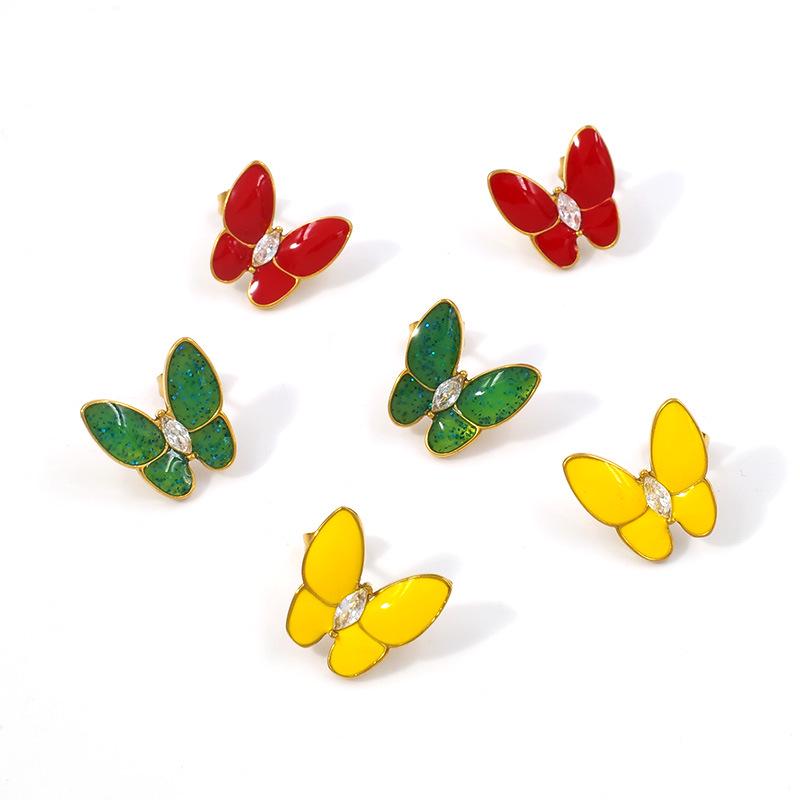 Enamel Drip Butterfly Stud Earrings for Women, Fashionable High-End Stainless Steel PVD Gold, Versatile Retro Design.