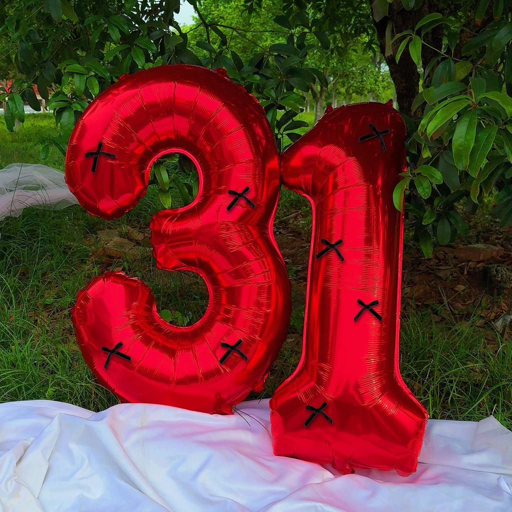 40 Inch Black Bow Decorated Red Digital Balloons 0-9 Numbers DIY Bow for Birthdays, Anniversaries, and New Year Decorations