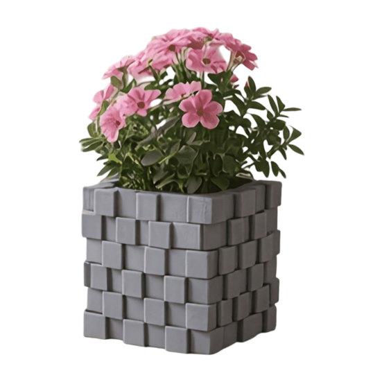 3D Printed Pixel Cube Planter, Grid Spliced Decor, Retro Geometric Ornament, Matte Breathable Structure, Compact Desktop Pot for Succulents Green