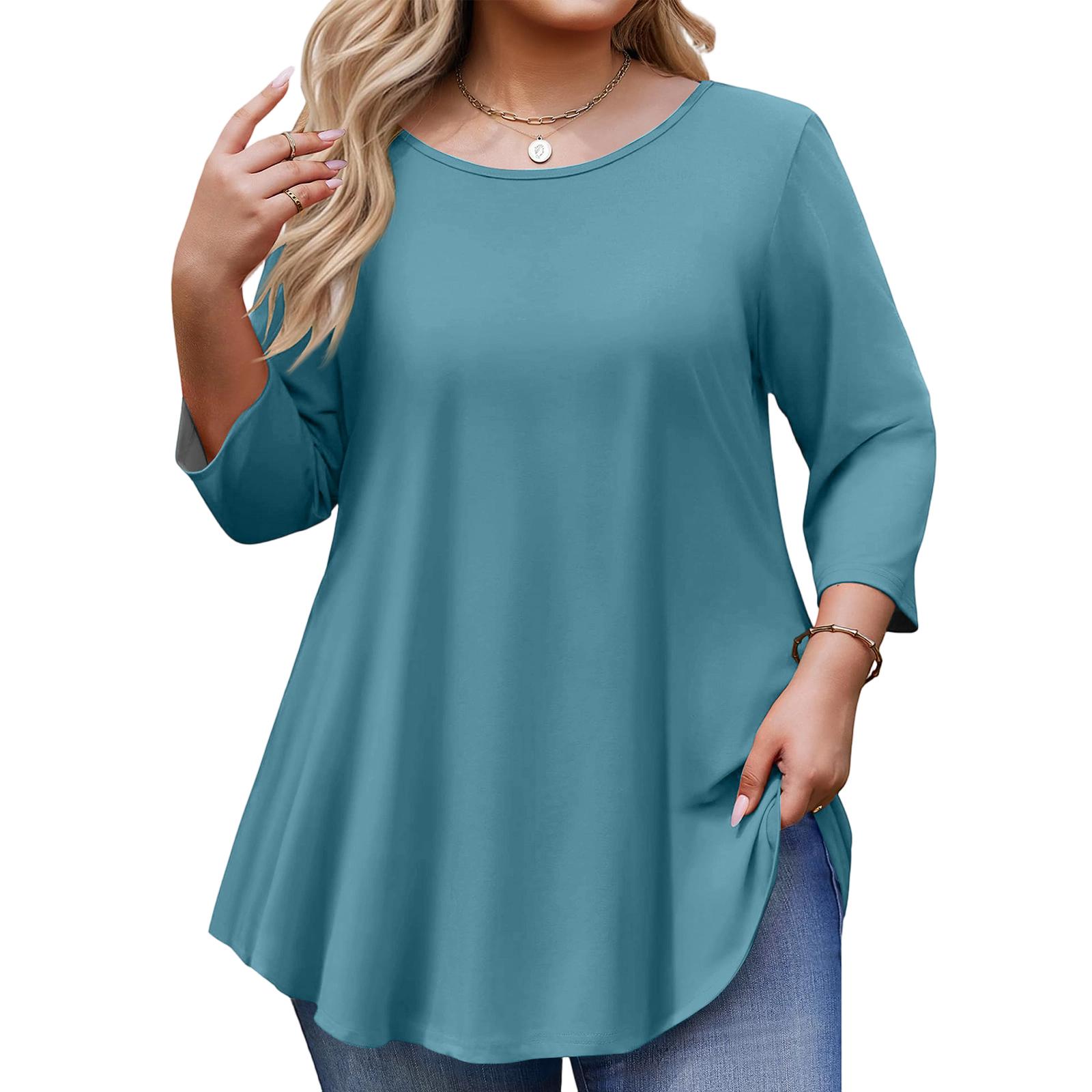 

Women s Plus Size 3/4 Sleeve Curved Hem Round Neck Fashionable Top XXXL