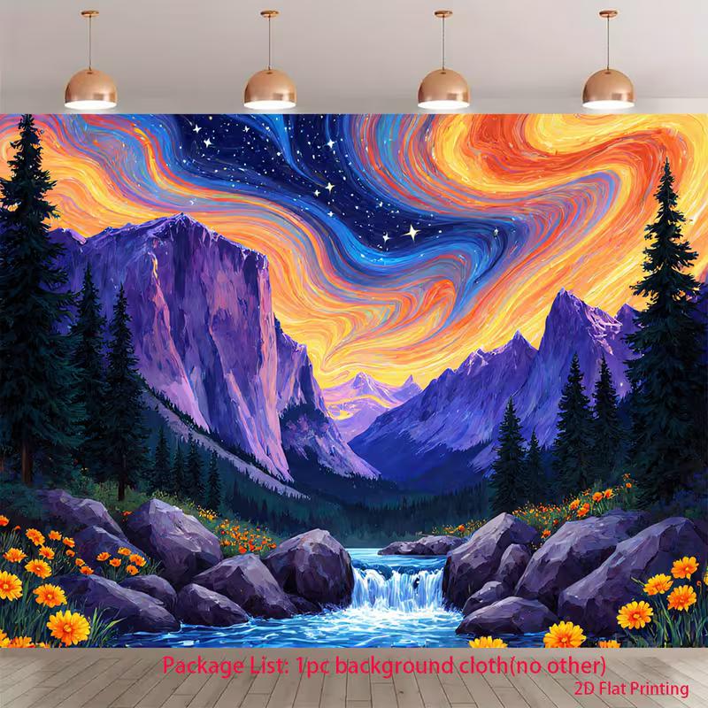 2D Swirling Starry Sky Backdrop - Vibrant Mountain Waterfall Tapestry for Photoshoot 47.2x31.5inch/120*80cm