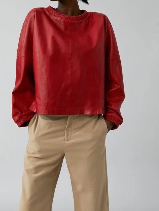 Leather Genuine Stylish Women's Handmade Casual Top Formal Red Party Lambskin