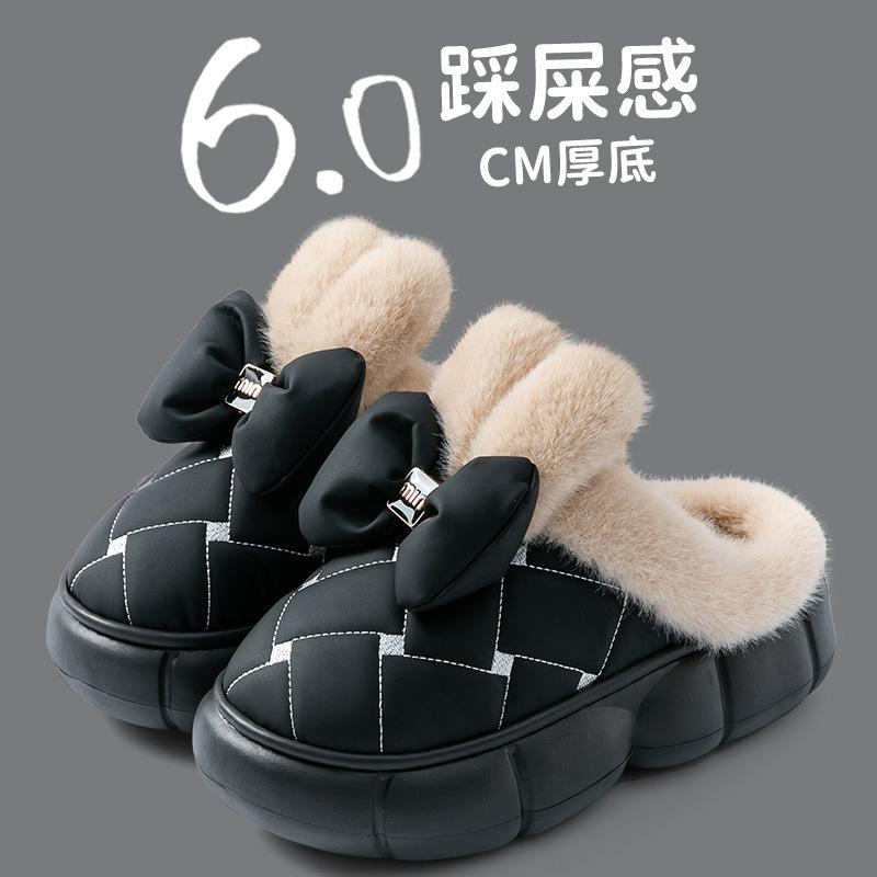 Bow cotton slippers winter piled thickened plush warm non-slip bag and home outdoor cotton shoes winter