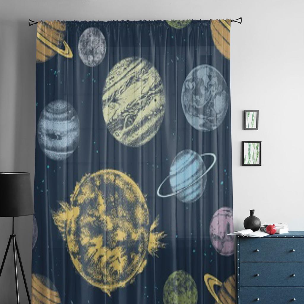 Solar System Planets Sheer Curtains for Living Room Transparent Tulle Window Treatments Bedroom Kitchen Home Decor Veil Drapes