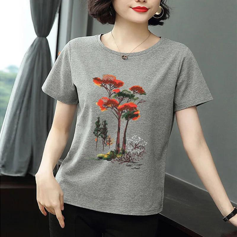 Pure Cotton Short-sleeved Top T-shirt New Summer Wear Middle-aged Mother Loose Printed T-shirt for Women