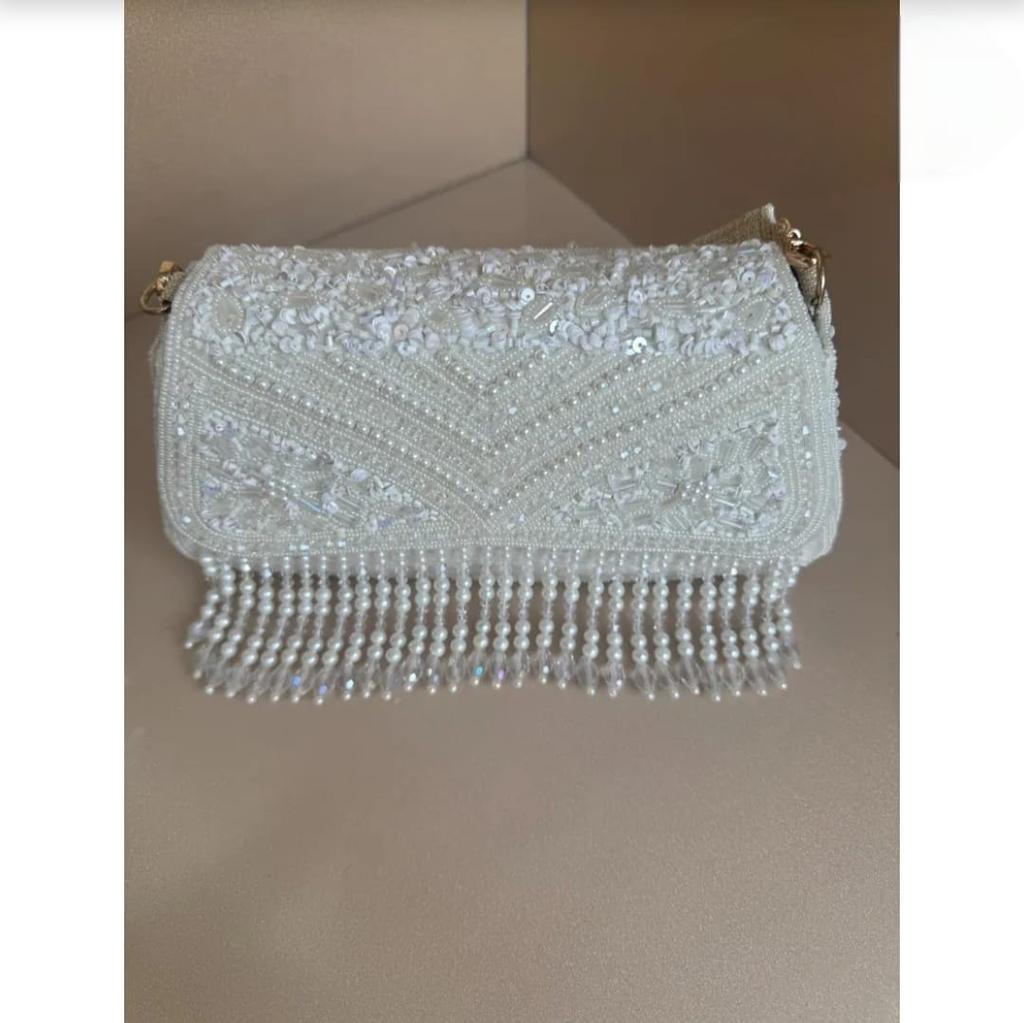 Handmade Beaded Bridal Clutch White Pearl & Sequin Evening Bag with Fringe Elegant Wedding Purse Handmade Party Bag Gift for Her
