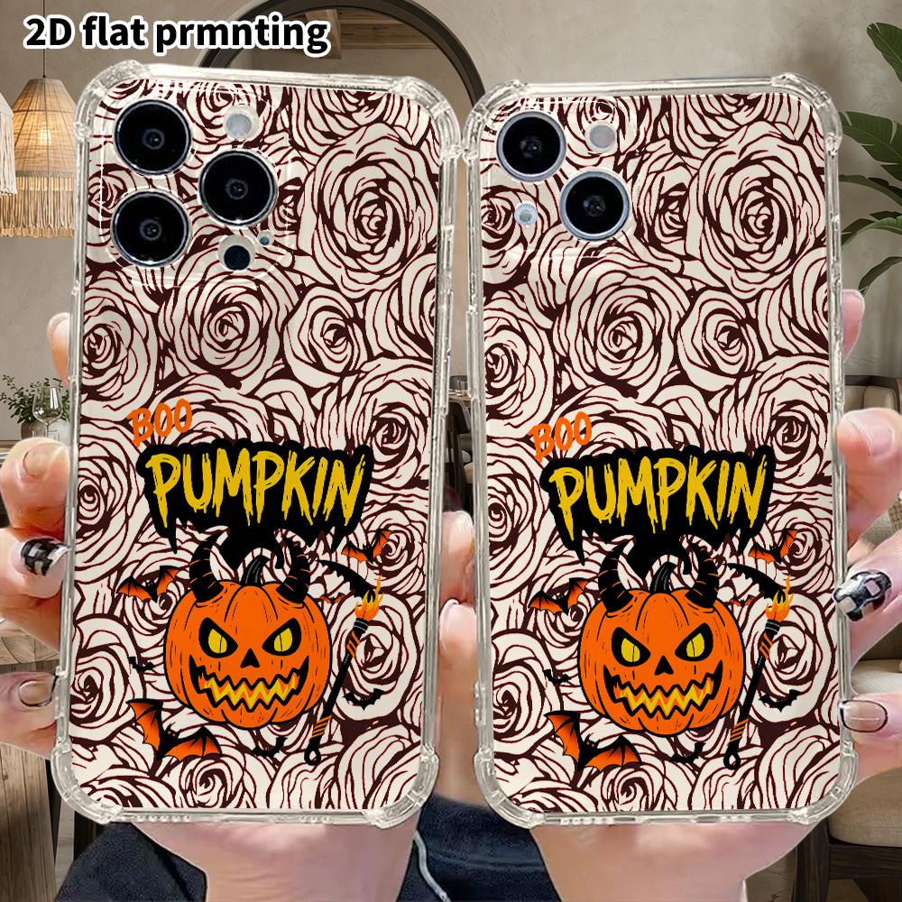Phone case: 2D flat suitable for iPhone 18 17 16 15 14 13 Pro, transparent four corner protective case, pumpkin head, Christmas and Halloween gift