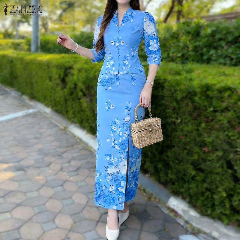 ZANZEA Women 3/4 Sleeve Blouse and Sheath Skirts Floral Print Elegant Two Piece Suit Sets