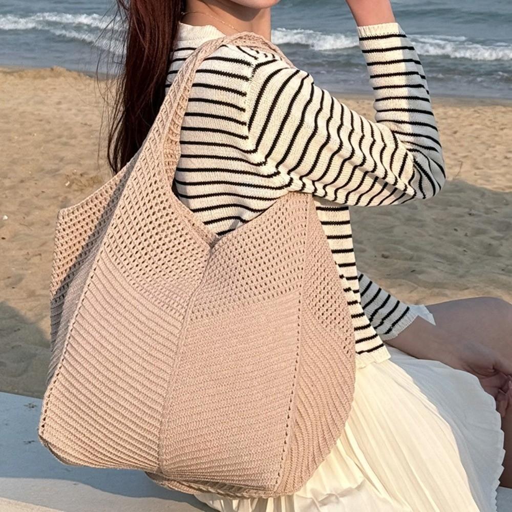 Large Capacity Beach Handbag Solid Color Shopping Tote Bag Square Woven Shoulder Bags  Beach хаки