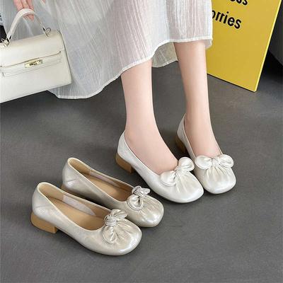Bow Low Heel Single Shoes Women's Spring and Autumn New Shallow Mouth Round Head Soft Leather Grandma Shoes Comfortable Versatile Doudou Shoes