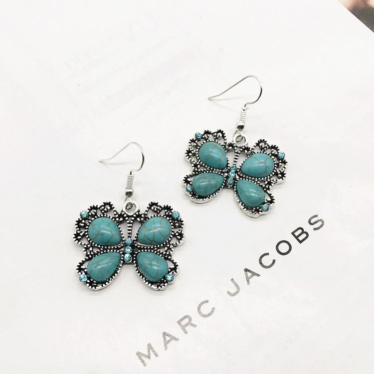 Vintage Necklace Earrings Set Bohemian Ancient Silver Turquoise Sweater Collarbone Chain Versatile Earrings