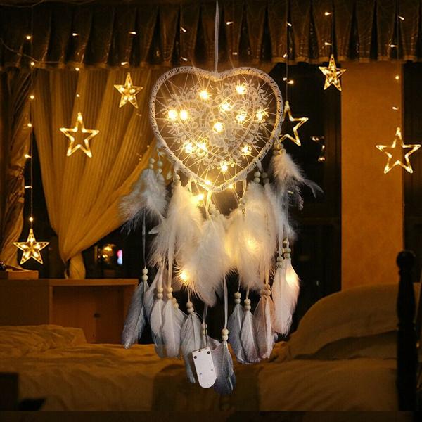1PC romantico acchiappasogni a LED con acchiappasogni di piume luce notturna comodino per la casa appeso a parete decorazione di nozze per feste di casa