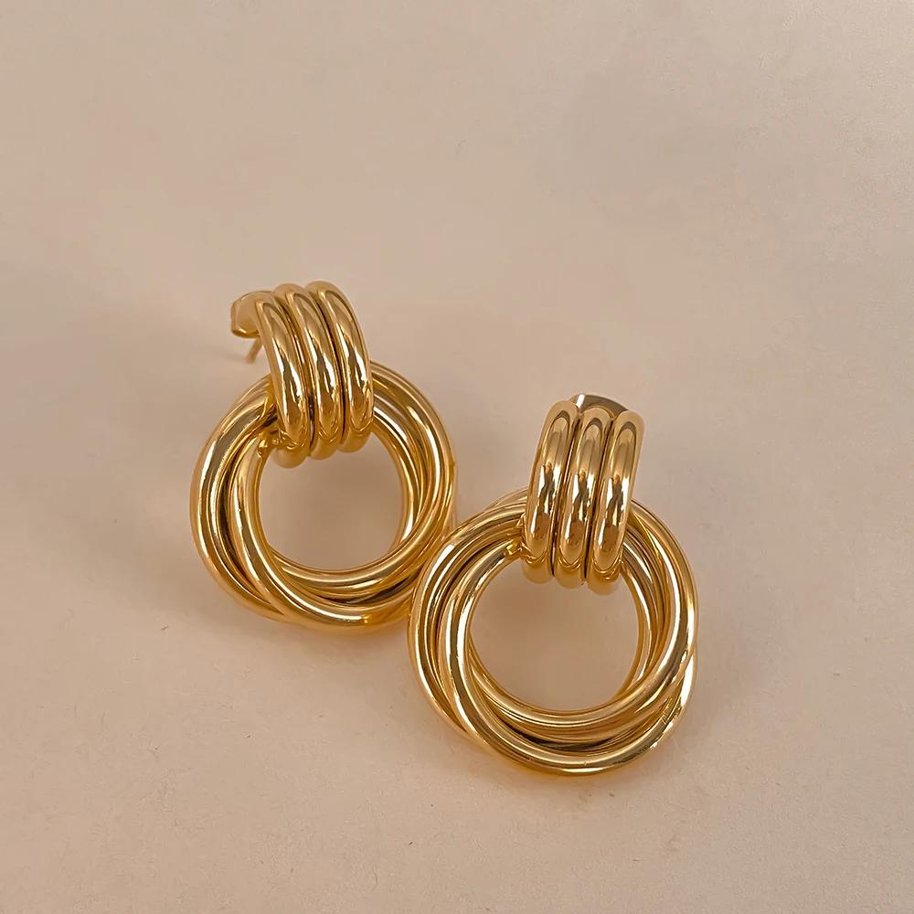 EManco Vintage Texture 18K Gold Plated Stainless Steel Hoop Earrings Women Geometric Circle Twist Fashion Jewelry