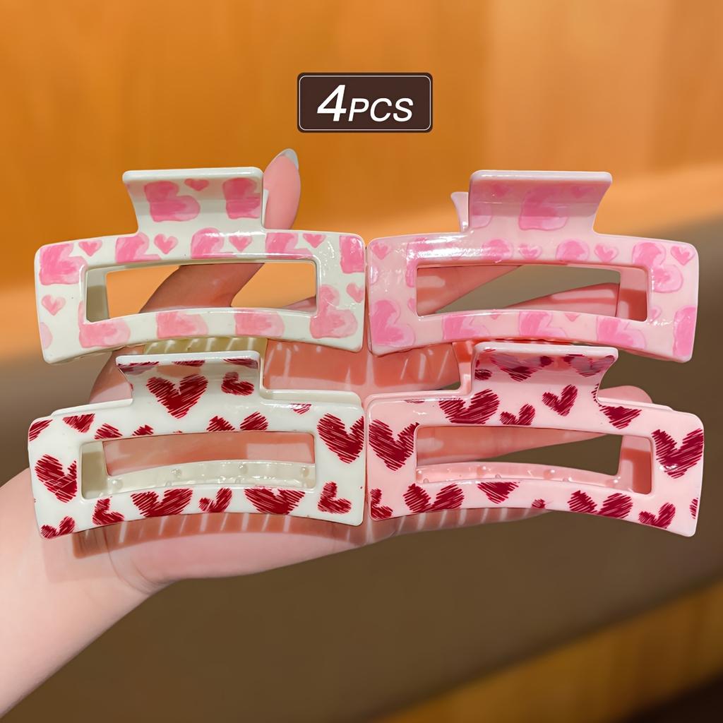 Set da Donna 4 pezzi, Rosa, Alla moda ed Elegante, Carino, Accessori per Capelli per San Valentino, Fantasia a Cuori, Pinza per Capelli Quadrata Media, Adatto