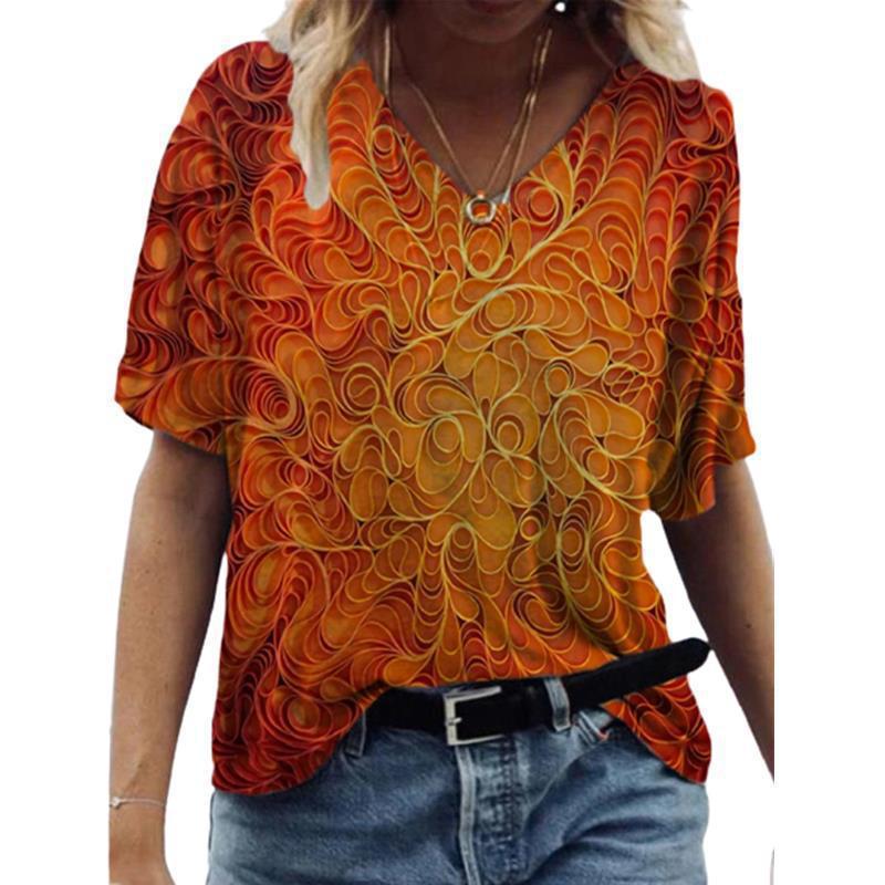 Women's T-shirt 3D Pattern Printed Casual Short Sleeved V-Neck Top Fashionable Street Women's Clothing