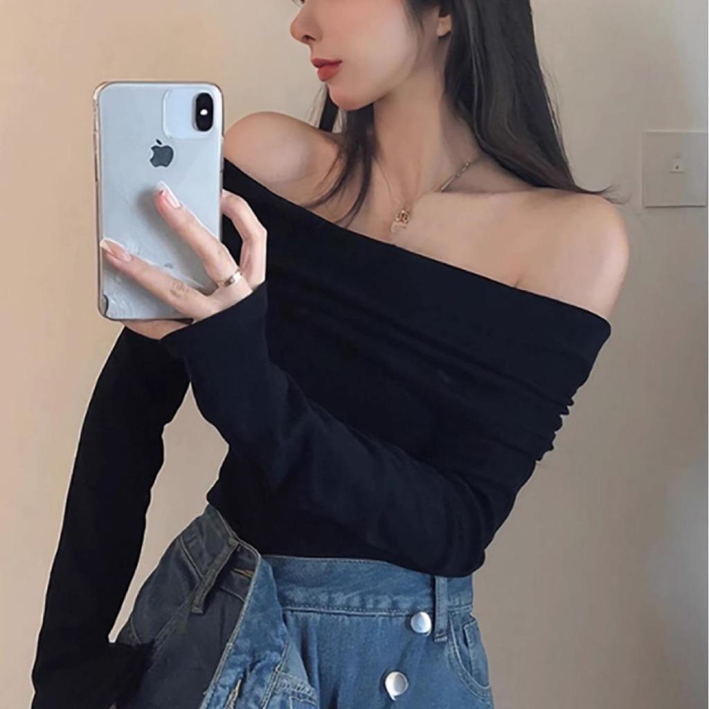 Women's One-Shoulder Slim Fit Long Sleeve T-Shirt - Sexy Cold-Weather Base Layer Top