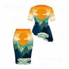 Women Plus Size Round Neck Short Sleeve Palm Tree Printed Gradient Asymmetric Top Fitted Skirt Two Piece Set
