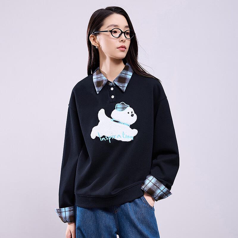 Women's Cartoon Puppy Spliced Plaid Sweatshirt
